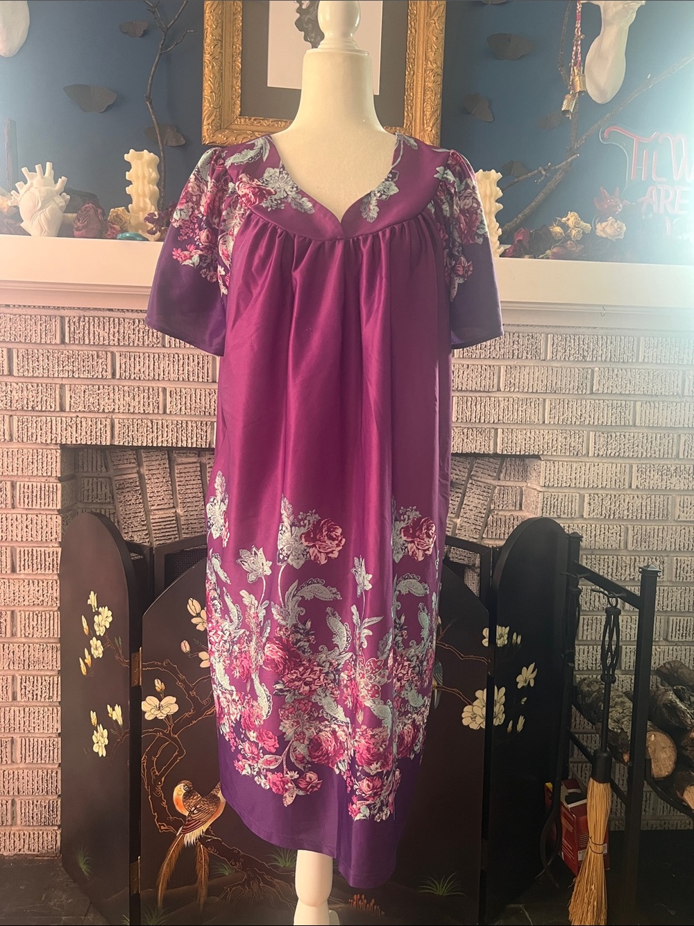 Vintage Anthony Richards Purple Floral Short-Sleeve MuuMuu Lounge Wear LARGE
